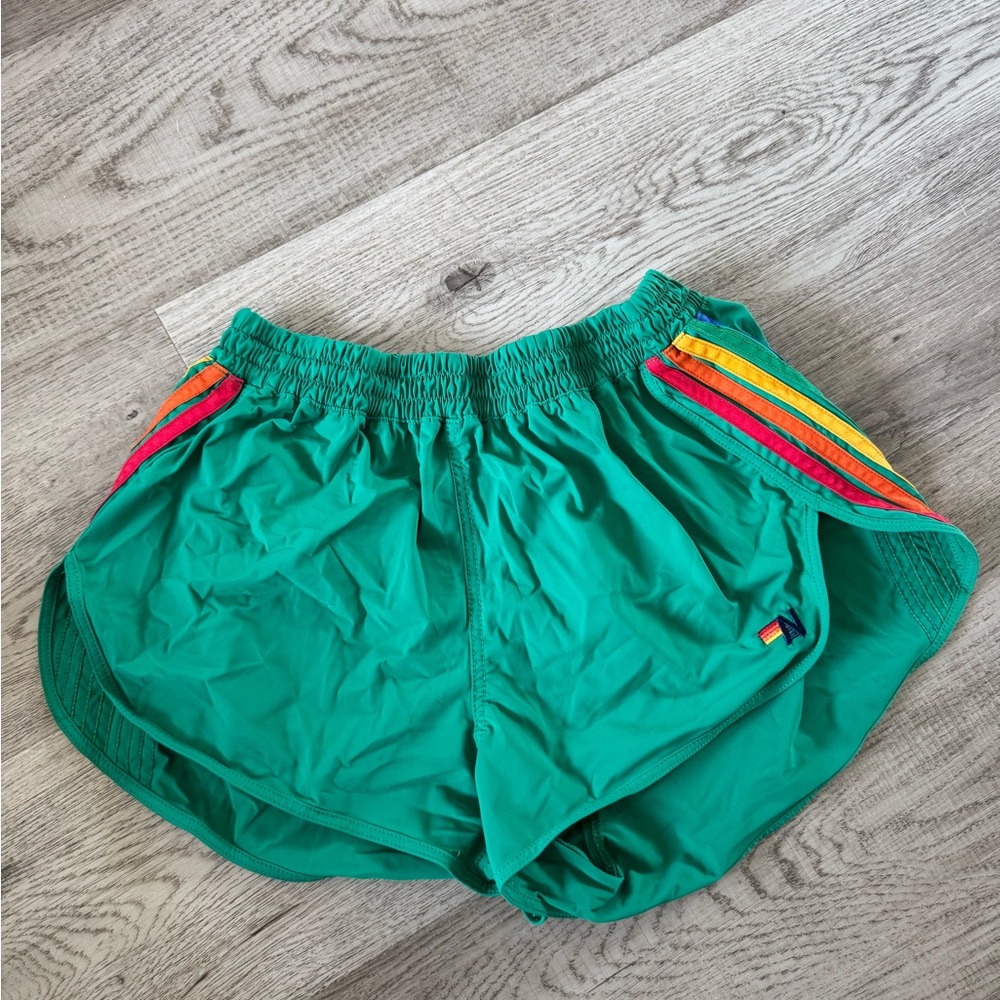 Aviator Nation Green Athletic Shorts with Rainbow Stripes